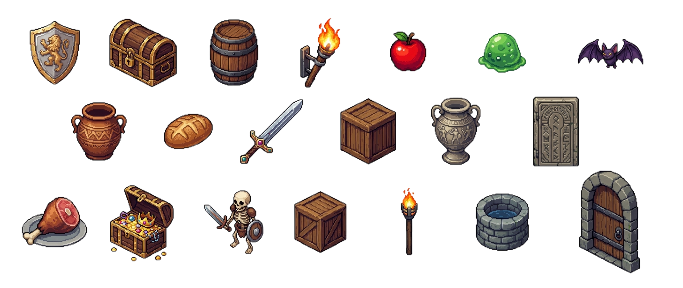 A set of inventory icons generated in one style: chests, barrels, a sword, a shield, food, and props