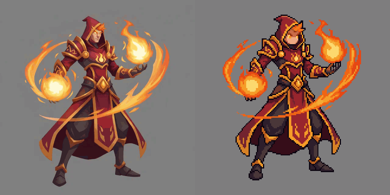 Pixel art animation vs detailed animation side by side