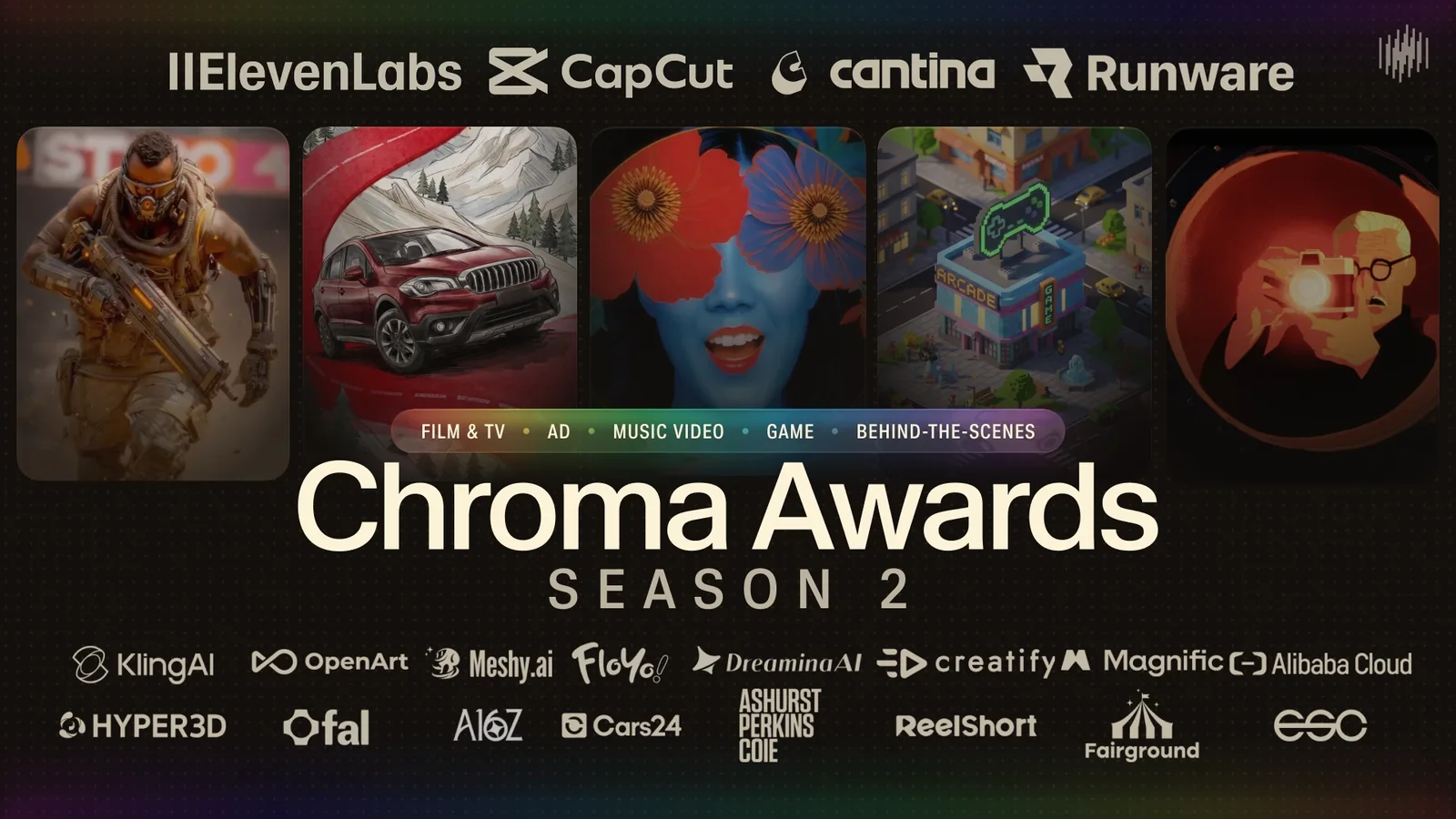 Chroma Awards Season 2 banner with artwork from the film, ad, music video, game and behind-the-scenes divisions and the logos of the partner tools