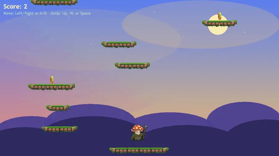 A small Phaser platformer running in the browser with SpriteCook art, a character jumping across floating platforms