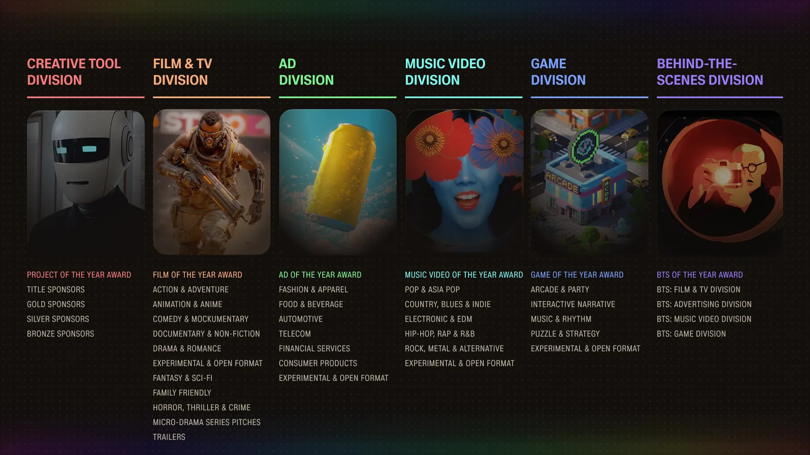 All Chroma Awards Season 2 divisions and their categories: Creative Tool, Film and TV, Ad, Music Video, Game and Behind-the-Scenes