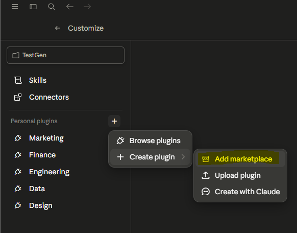 The Add marketplace option under Create plugin