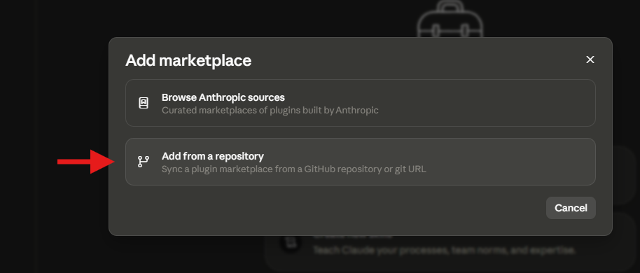The Add from a repository option in the Add marketplace dialog