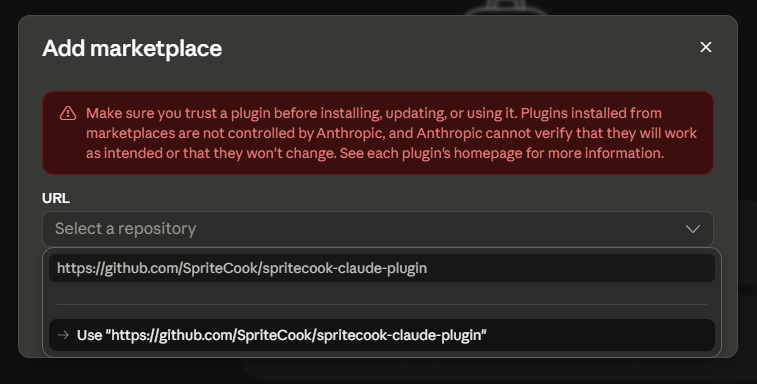 Entering the SpriteCook plugin repository URL