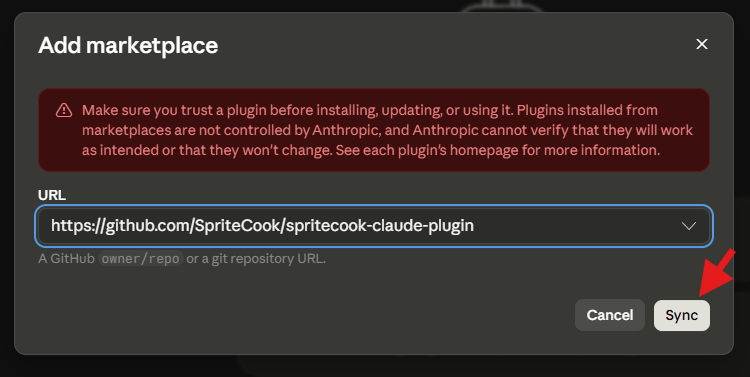 The Sync button in the Add marketplace dialog