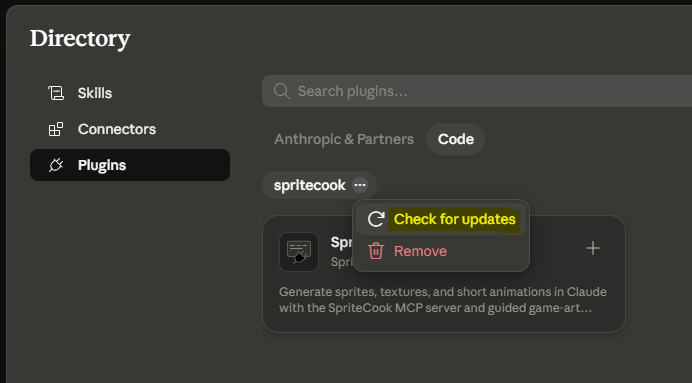 The Check for updates option in the spritecook marketplace menu