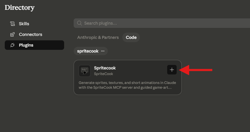 The plus button on the Spritecook plugin card in the directory