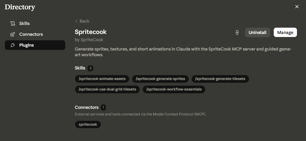 The installed Spritecook plugin showing five skills and one MCP connector