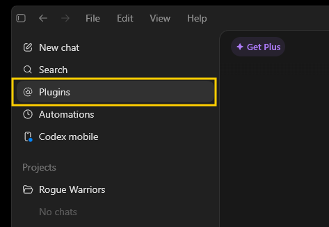 The Plugins item in the Codex sidebar