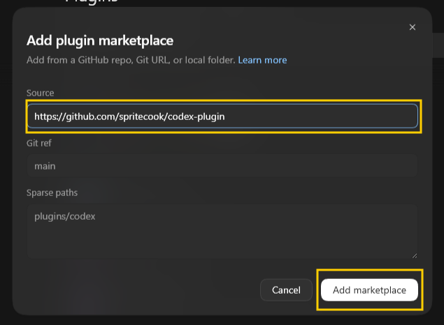 Entering the SpriteCook plugin repository URL in the Add marketplace dialog