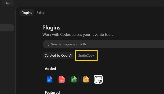 The SpriteCook marketplace tab in the Codex plugins overview