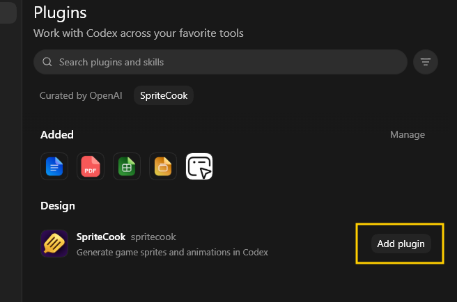 The Add plugin button on the SpriteCook card in Codex