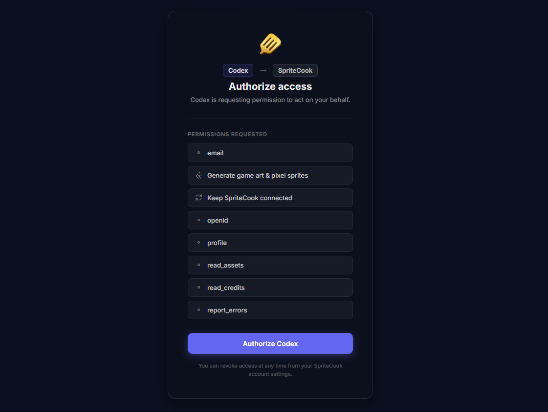 Authorizing SpriteCook access in the browser that Codex opens