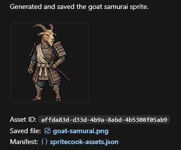 Codex showing the generated goat samurai sprite and the saved file