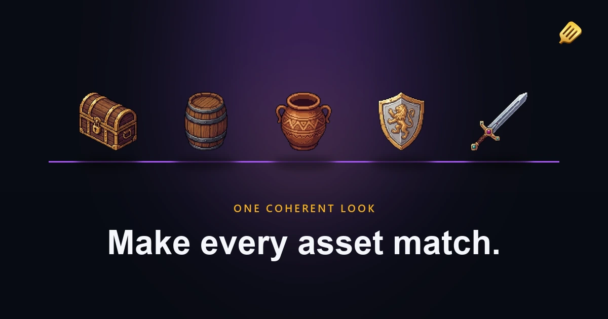 A matching set of pixel art items in one style (chest, barrel, pot, shield, sword), on a guide about keeping AI game art consistent