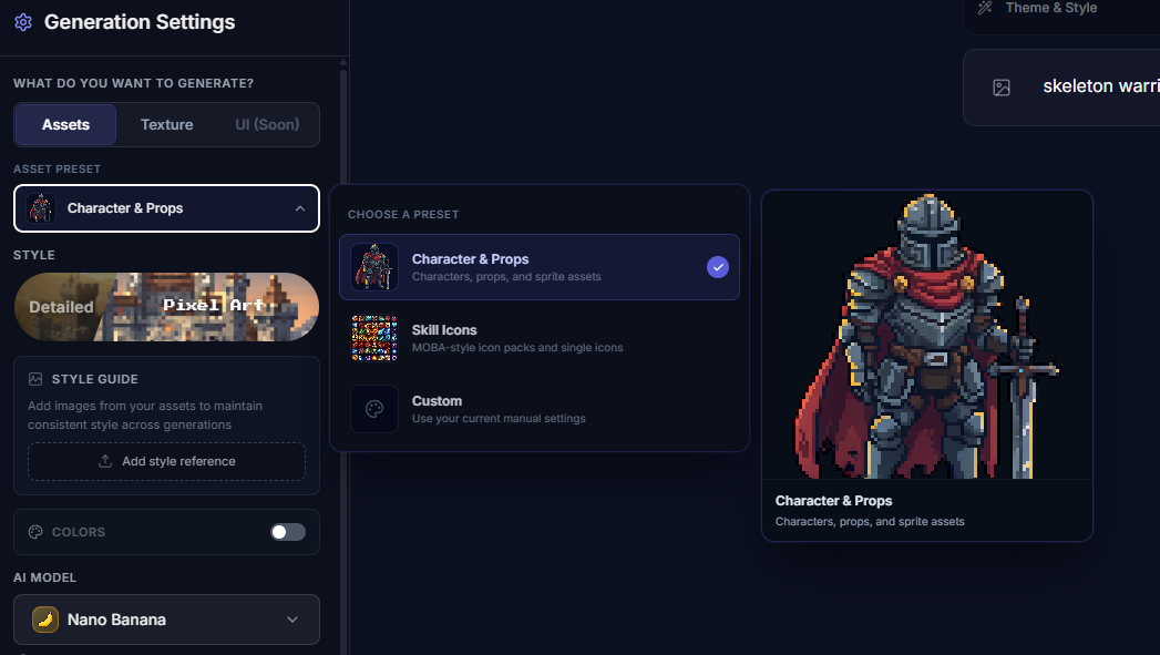 Asset preset selector