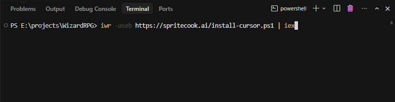 Pasting the SpriteCook install command into the Cursor terminal