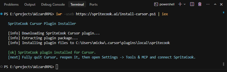 The SpriteCook installer confirming a successful install in the Cursor terminal