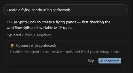 Cursor prompting to connect SpriteCook with an Authenticate button