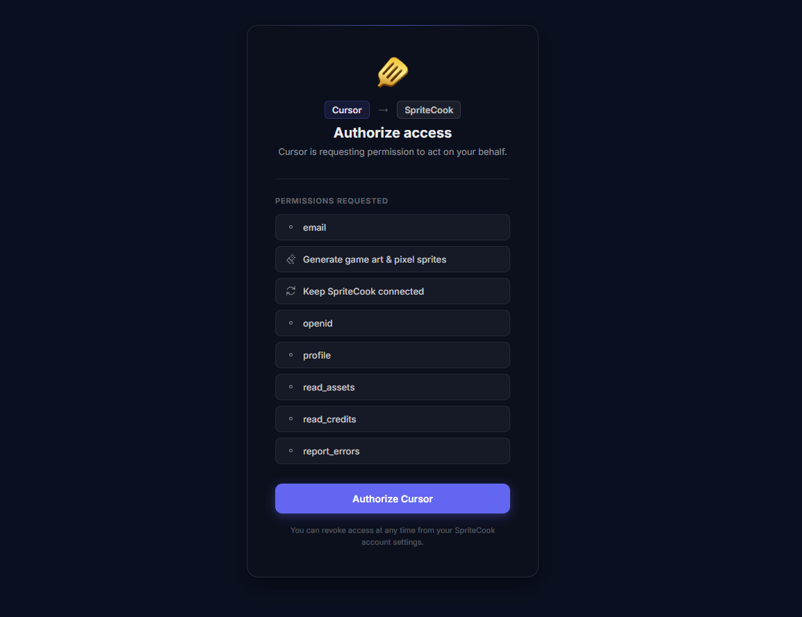Authorizing SpriteCook access in the browser that Cursor opens