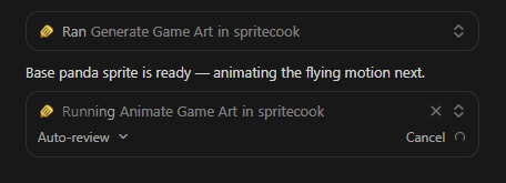 The Cursor agent generating the panda sprite and then animating it with SpriteCook