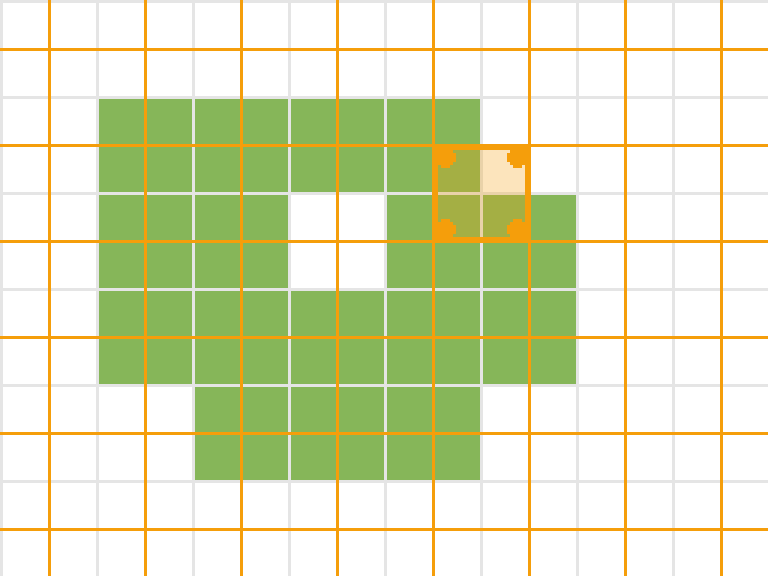 Painted terrain cells on a gray grid, with an orange render grid offset by half a tile, and one highlighted render tile overlapping four cells