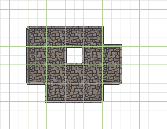 A cobblestone map rendered with the dual grid, with the painted-cell grid overlaid in green to show tiles sitting between cells