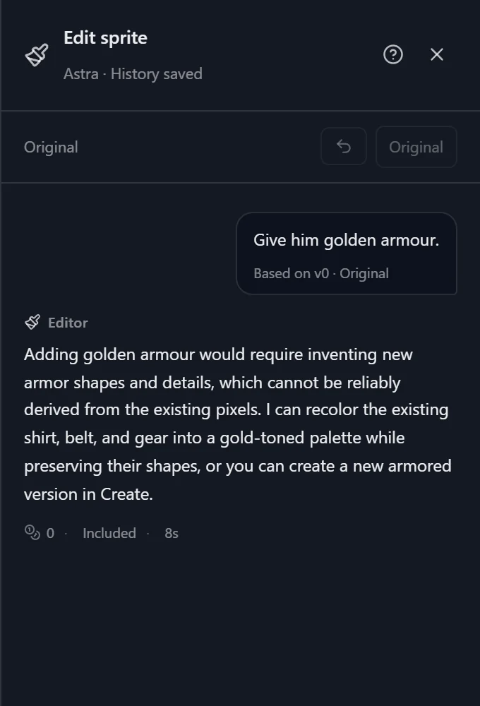 Edit with Agent replying that golden armour needs new shapes it can't derive from the sprite, and offering a gold recolor of his clothing instead