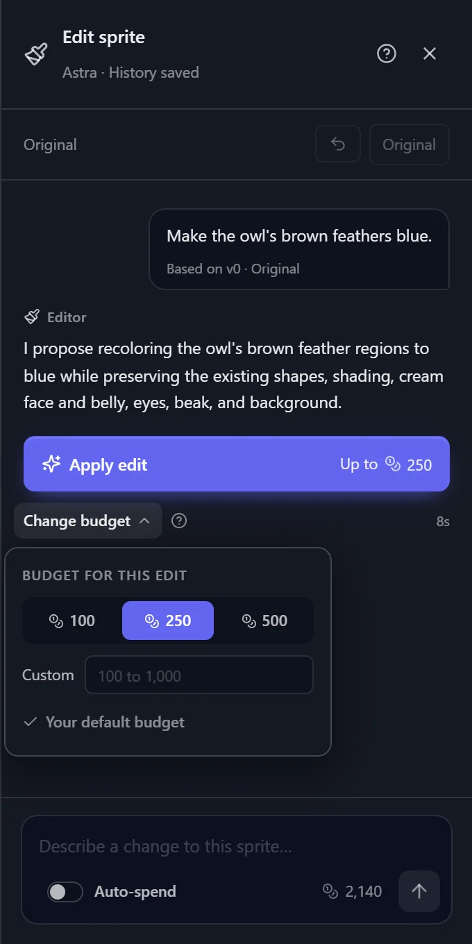 Edit with Agent proposal to recolor an owl's brown feathers blue, with an Apply edit button capped at 250 credits and the budget picker open
