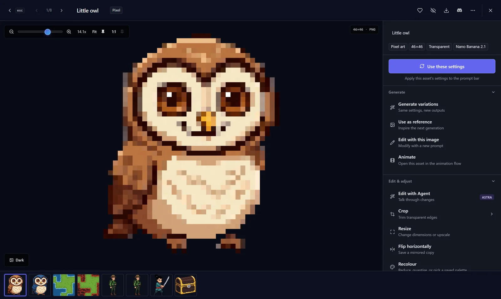 Fullscreen asset viewer with a pixel art owl and the Edit with Agent option in the Edit and adjust menu