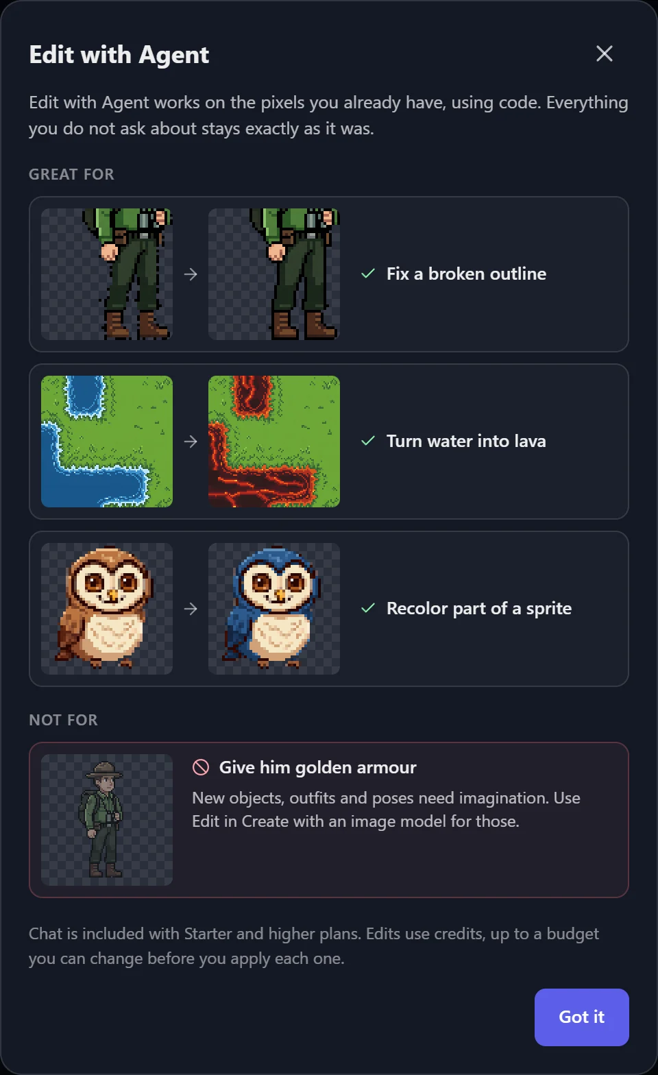 Edit with Agent intro: great for fixing a broken outline, turning water into lava and recoloring part of a sprite, not for giving a character golden armour