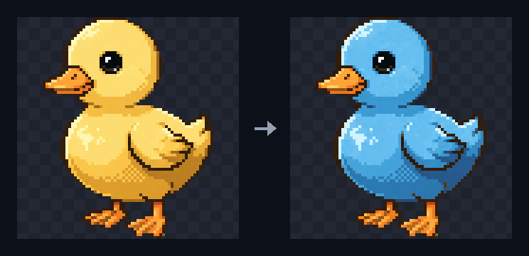Pixel art duck animation playing before and after an AI recolor from yellow to blue across all eight frames