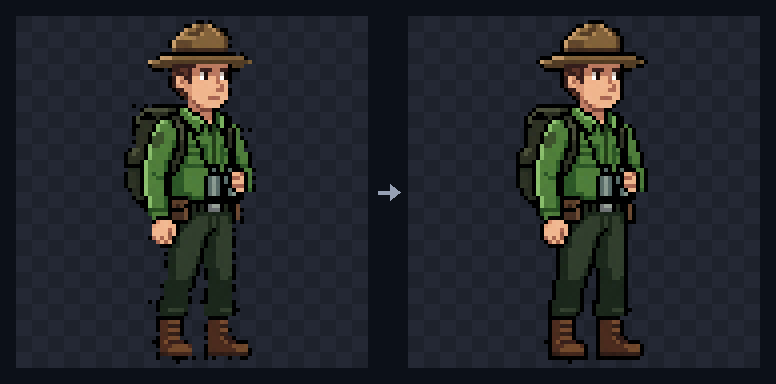 Pixel art park ranger with gaps in his dark outline, then the same sprite with the outline closed by the AI agent