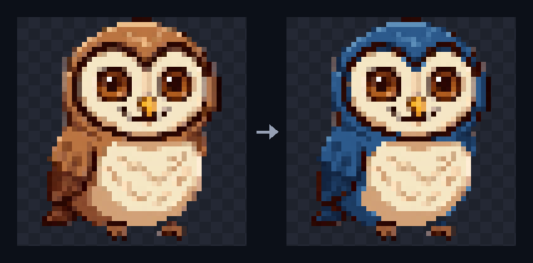 Pixel art owl before and after an AI recolor, brown feathers turned blue while the eyes, beak and belly kept their colors