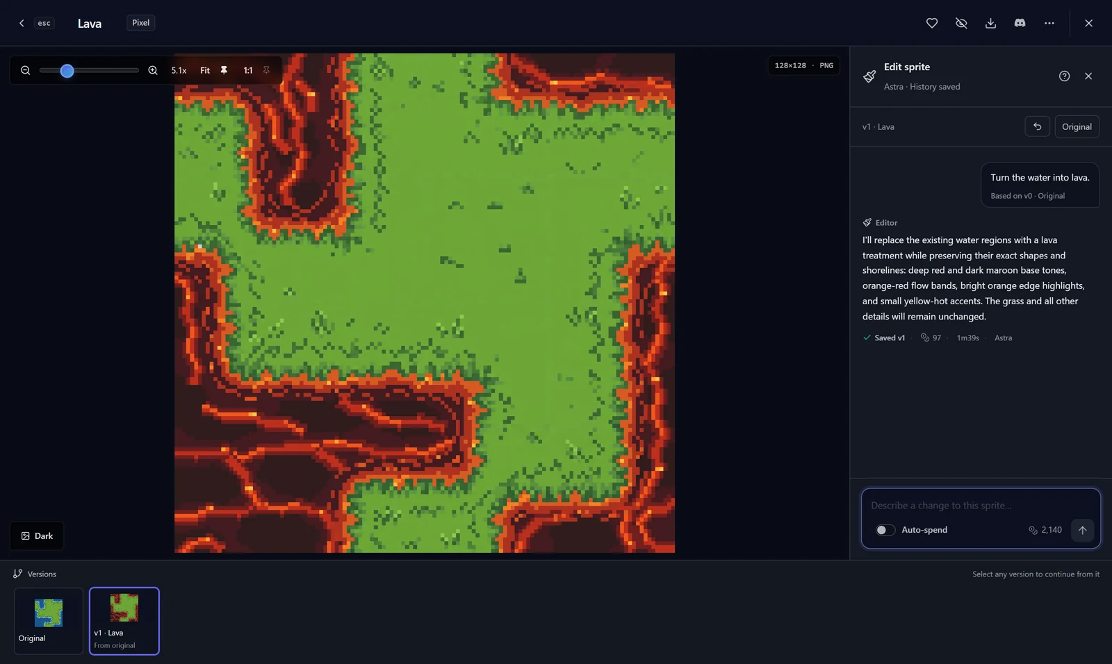 Edit with Agent showing the lava tileset result, its cost of 97 credits, and a versions strip with the original water tileset
