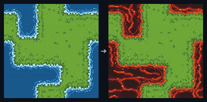 Pixel art grass tileset before and after an AI edit, the water turned into veined lava while the grass stayed the same