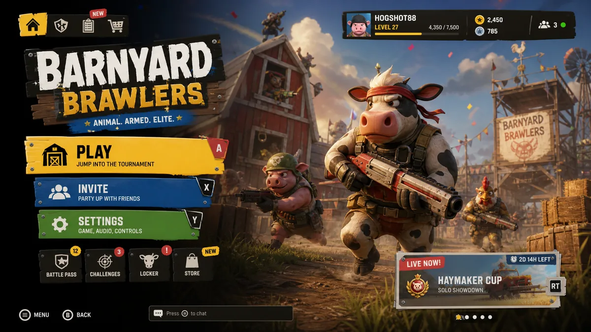 A cartoon farm game main menu concept with wooden sign buttons, a player profile bar and a live event card, used as the source for an AI generated game UI kit