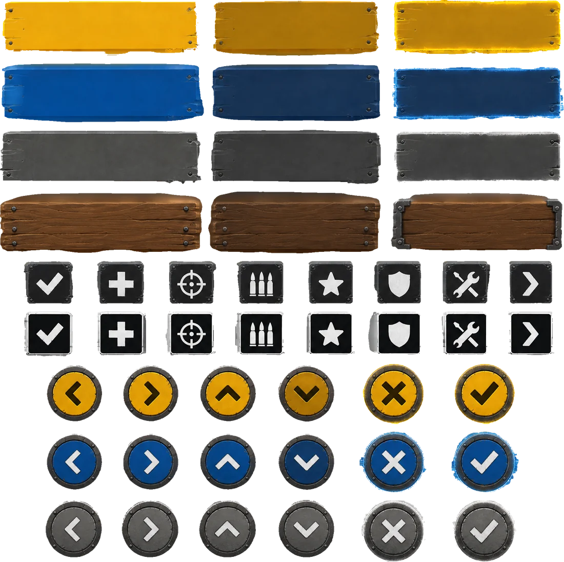A complete set of AI generated game UI buttons in normal, hover and pressed states across four colors and three shapes
