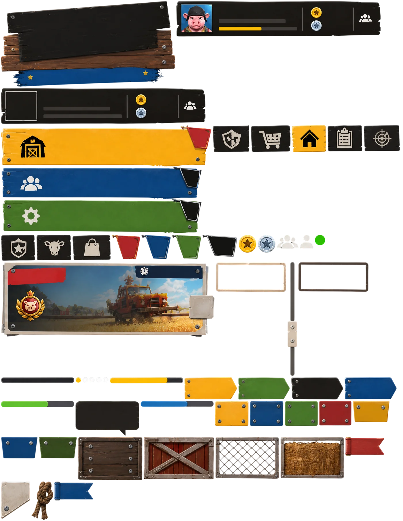 AI generated game UI component sheet with wooden buttons, panels, tabs, coins and progress bars on a transparent background