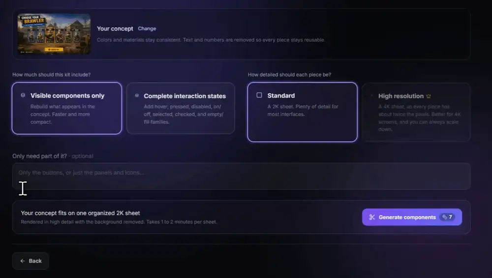 Asking a UI kit generator for only the buttons from an existing concept, scoped to one part of the screen