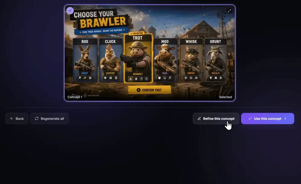 Refining a game UI concept by typing make the character cards smaller, producing a second version of the character select screen