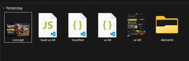 Exported game UI kit folder showing the concept image alongside individual transparent PNG components