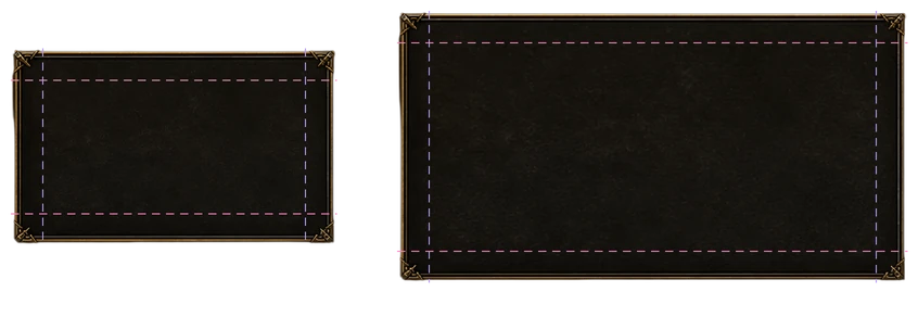 A game UI panel before and after nine-slice stretching, with the ornate corners staying the same size while the middle stretches
