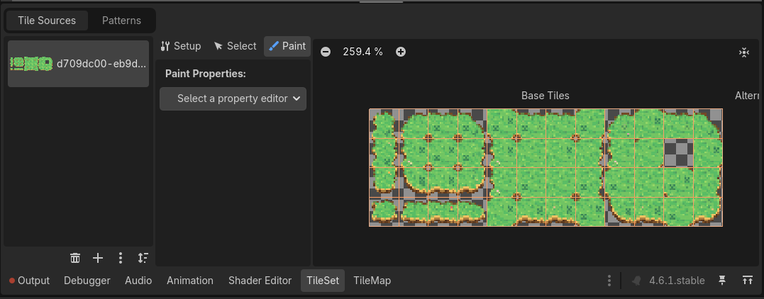 The Godot TileSet panel showing the imported base tiles