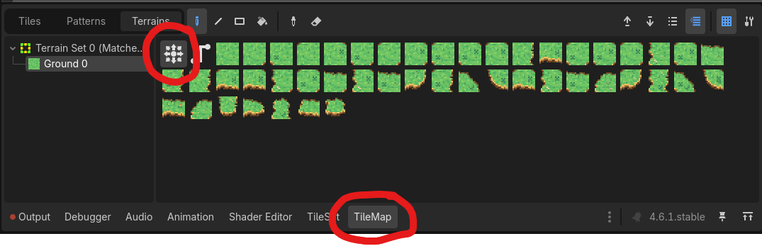 The Godot TileMap Terrains tab with Ground 0 and connect mode selected