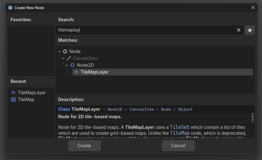 Searching for TileMapLayer in Godot's Create New Node dialog