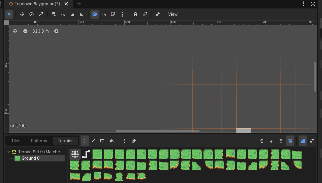 Painting ground in the Godot 2D viewport, transition tiles resolving automatically