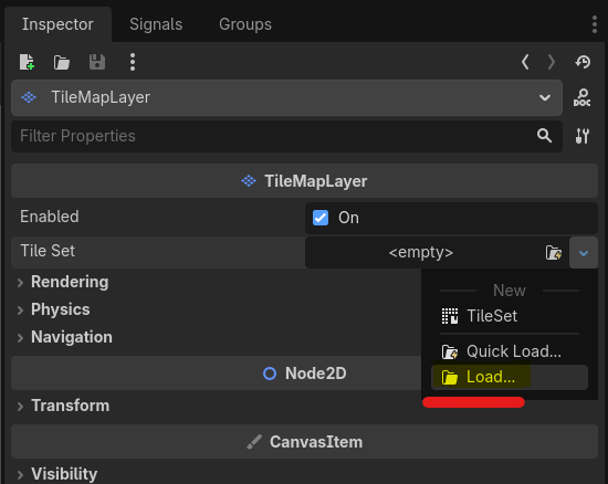 The Tile Set property dropdown in the Godot Inspector with Load highlighted