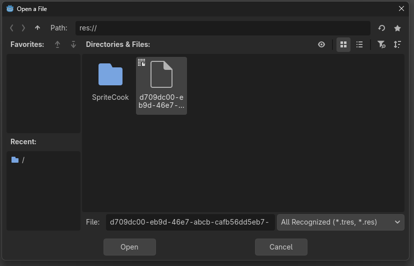 Selecting the exported .tres from the SpriteCook folder in Godot's file picker