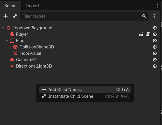 Right-clicking a node in the Godot scene tree to add a child node